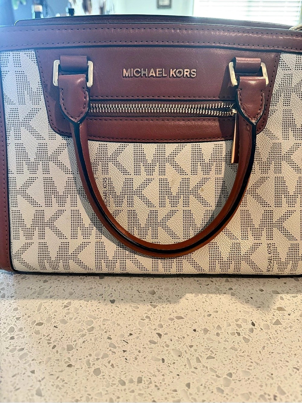 Michael Kors Selma MK Signature Satchel 2-Way Crossbody Brown Cream